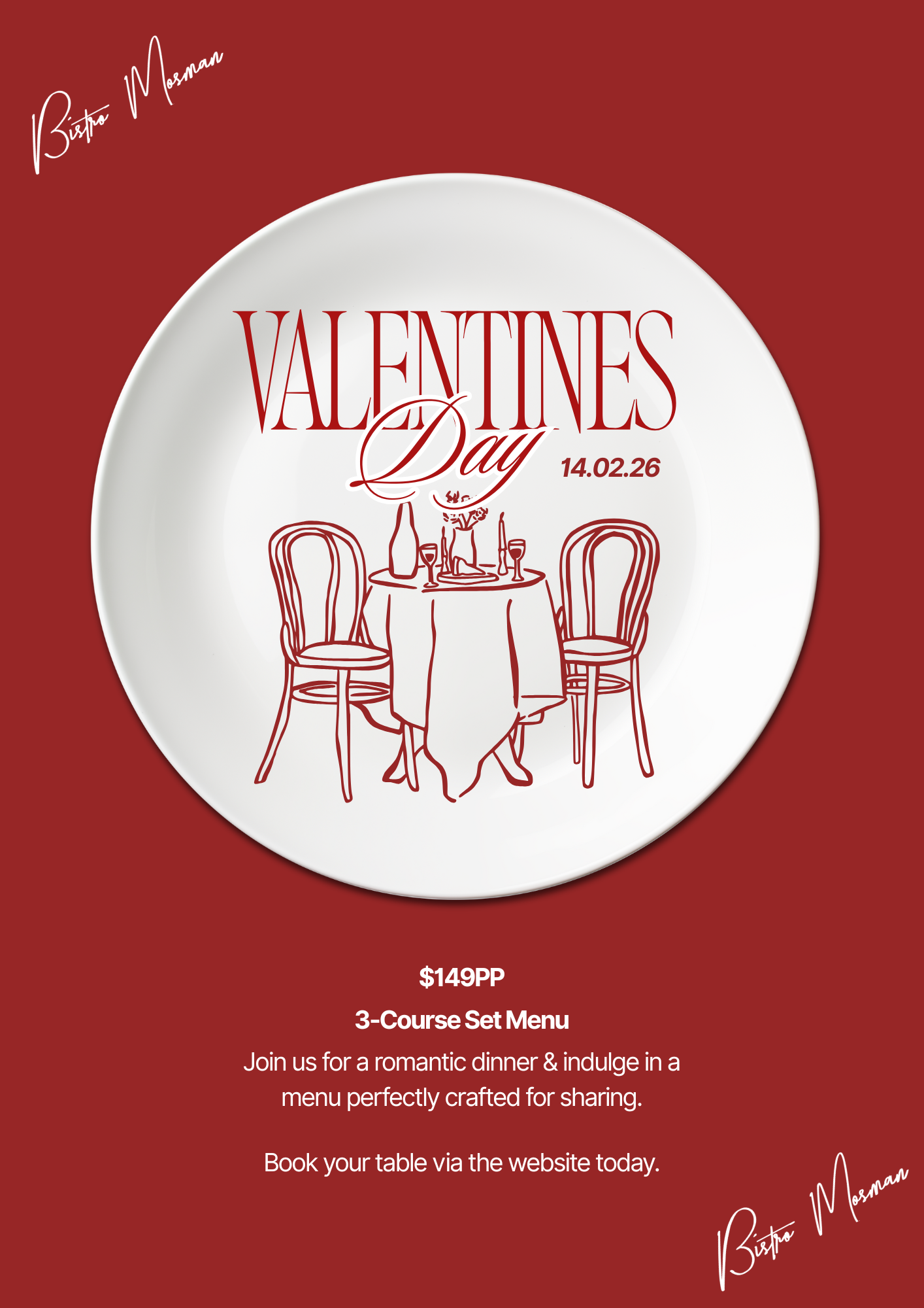 Bistro Mosman Valentine's Day 3 Course Set Menu + Champagne on Arrival
